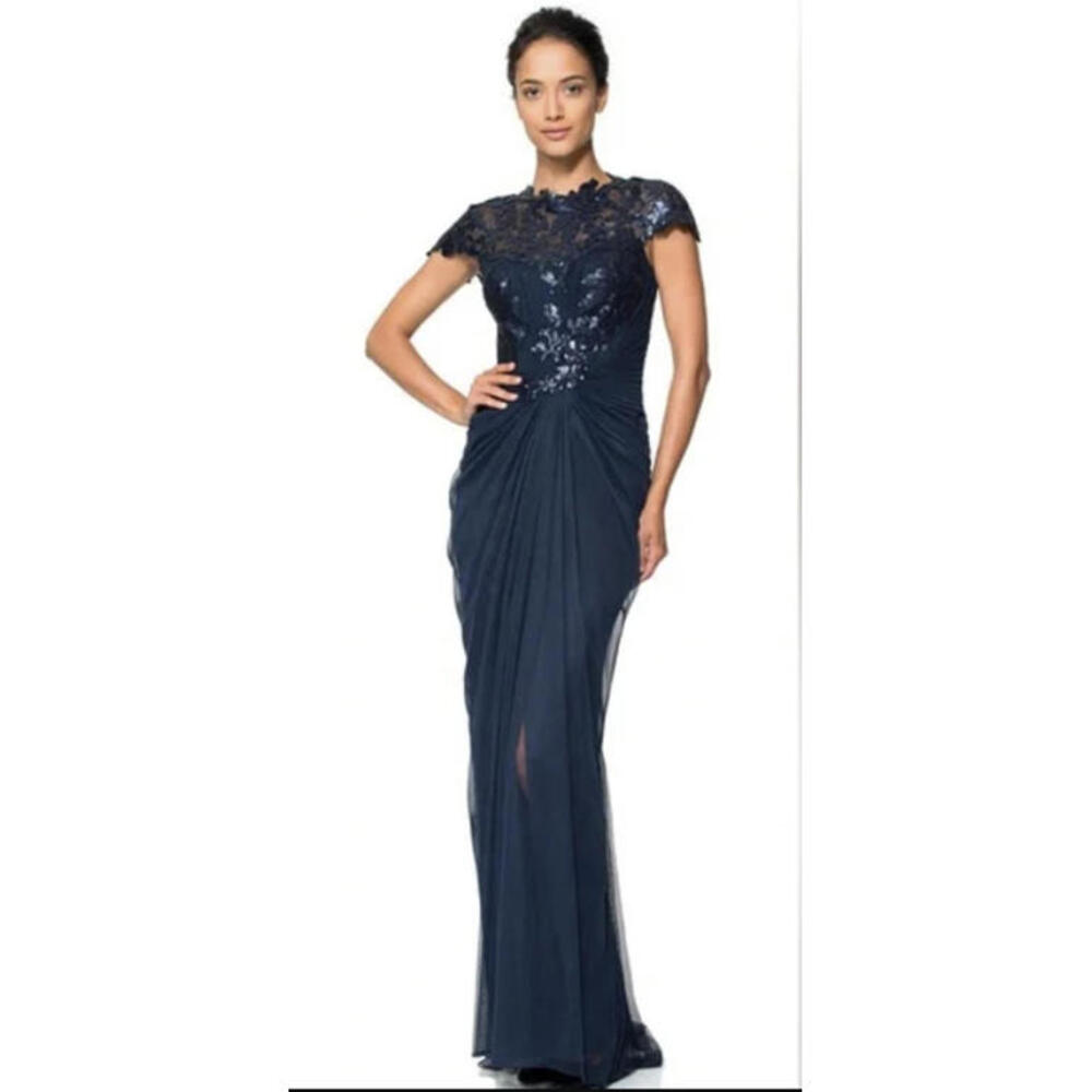 Tadashi Shoji Midnight Blue Paillette Lace And Tulle Gown Dress US 4